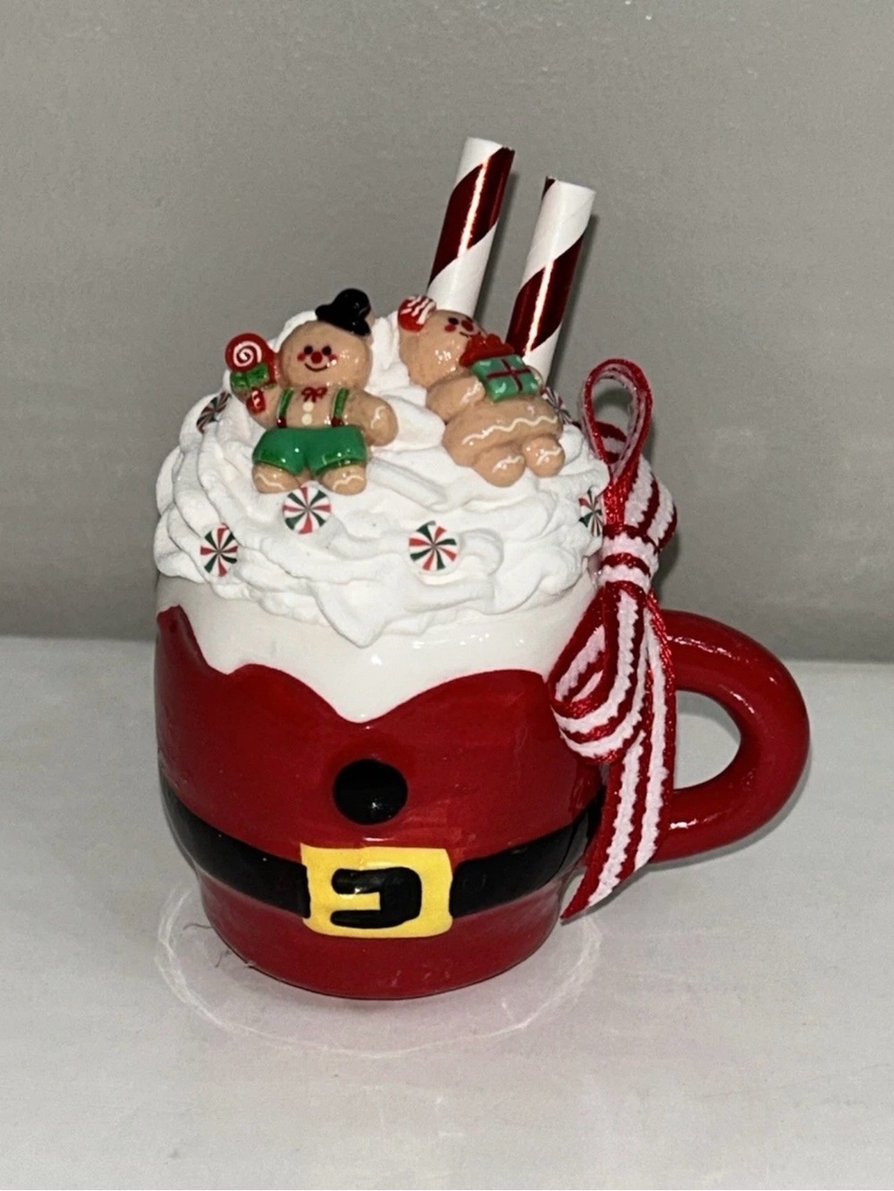 Red Santa Belt Holiday Mini Mug with Fake Whipped Top and Gingerbread Accents
